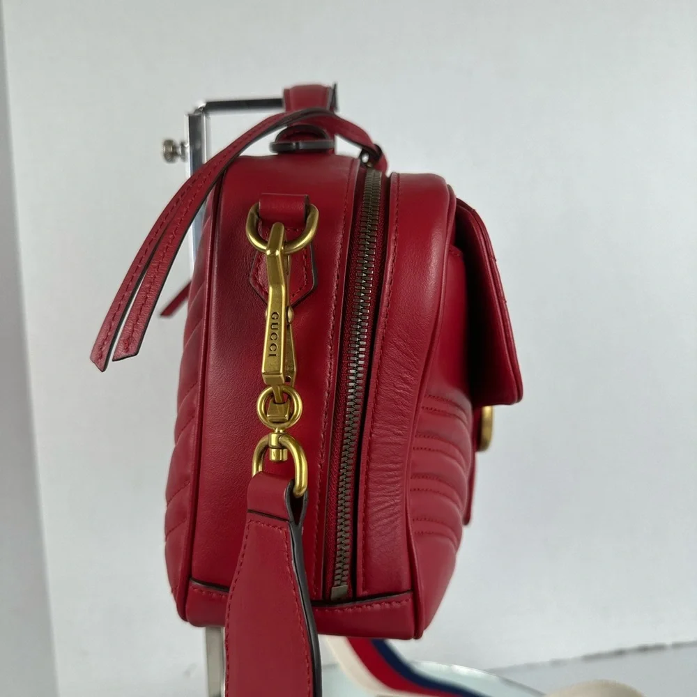 Gucci Red Quilted GG Marmont Crossbody Bag,  Leather And Guitar Straps